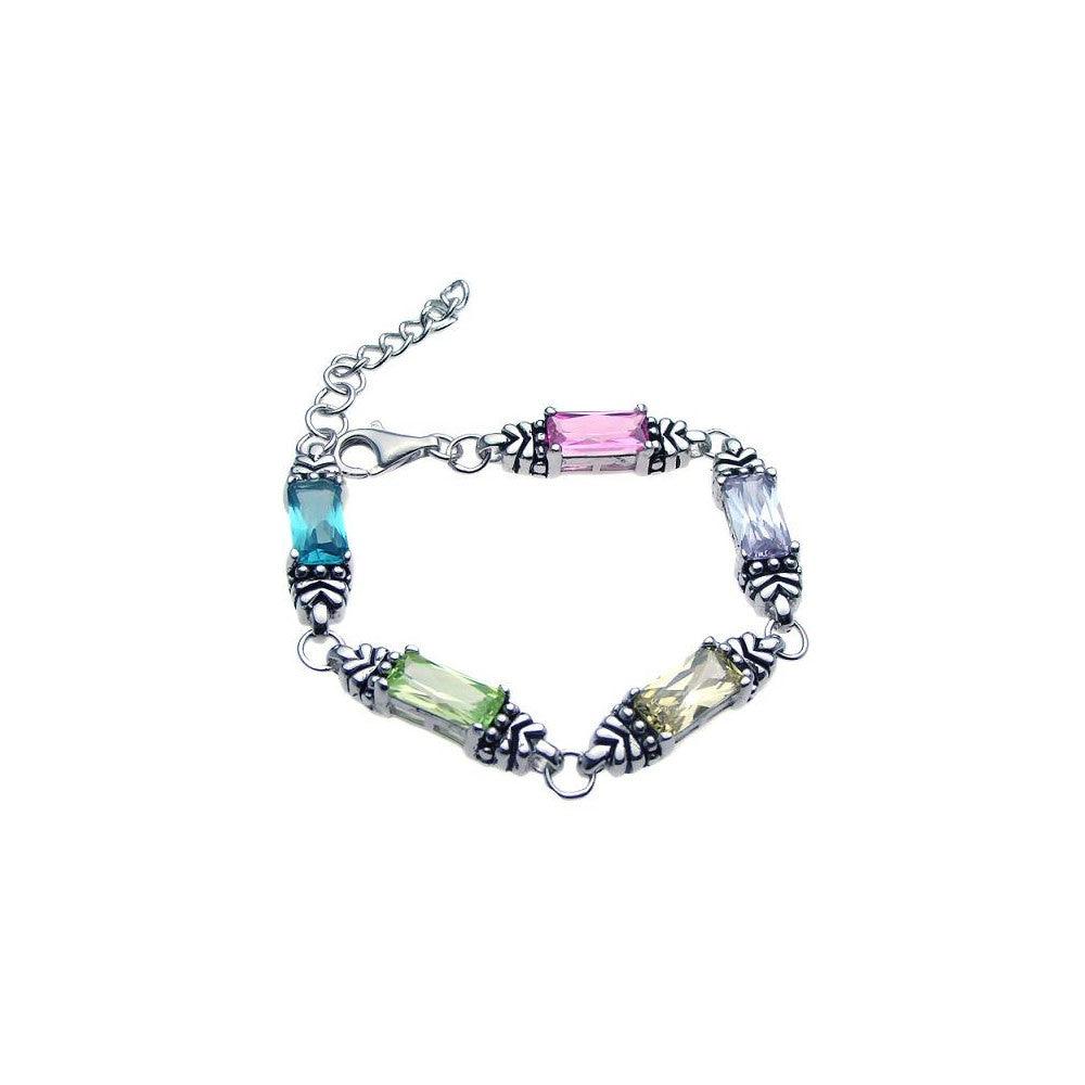 Silver 925 Rhodium Plated Rectangular Multi Color CZ Bracelet - STB00375 | Silver Palace Inc.