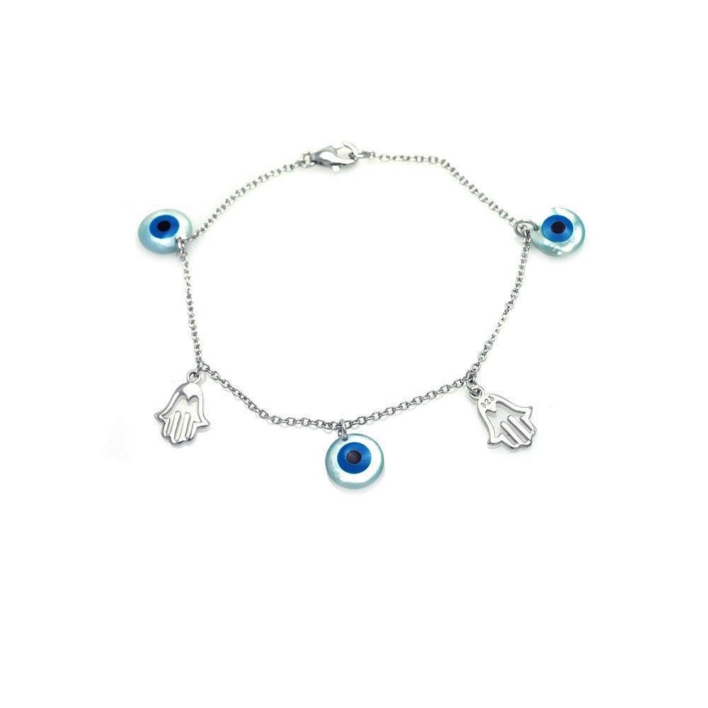 Silver 925 Rhodium Plated Hamsa and Evil Eye Charm Bracelet - STB00404 | Silver Palace Inc.