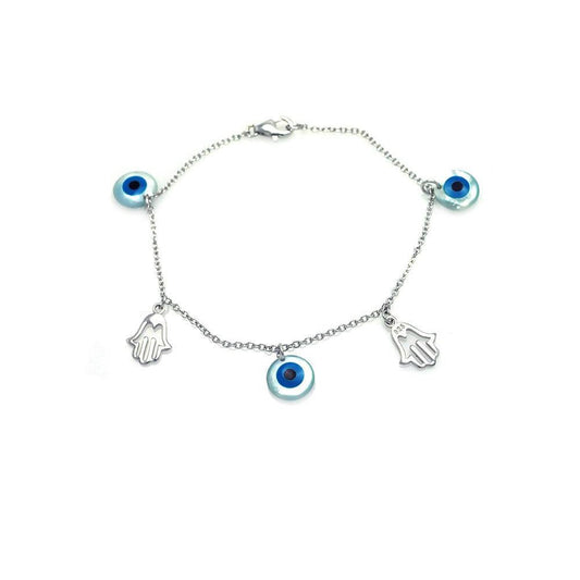 Silver 925 Rhodium Plated Hamsa and Evil Eye Charm Bracelet - STB00404 | Silver Palace Inc.