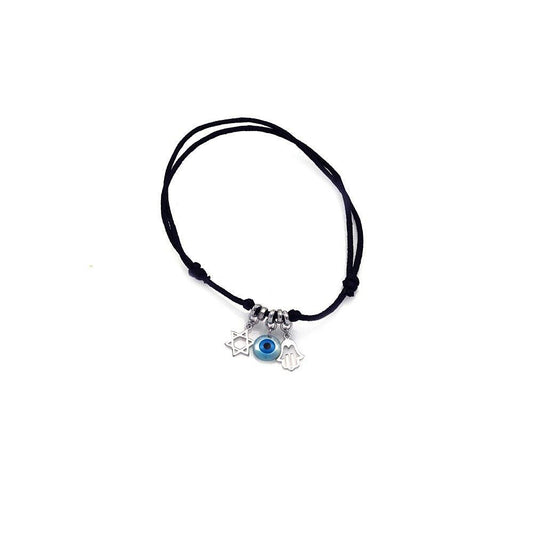 Silver 925 Rhodium Plated Star of David Evil Eye and Hamsa Black Cord Bracelet - STB00405 | Silver Palace Inc.