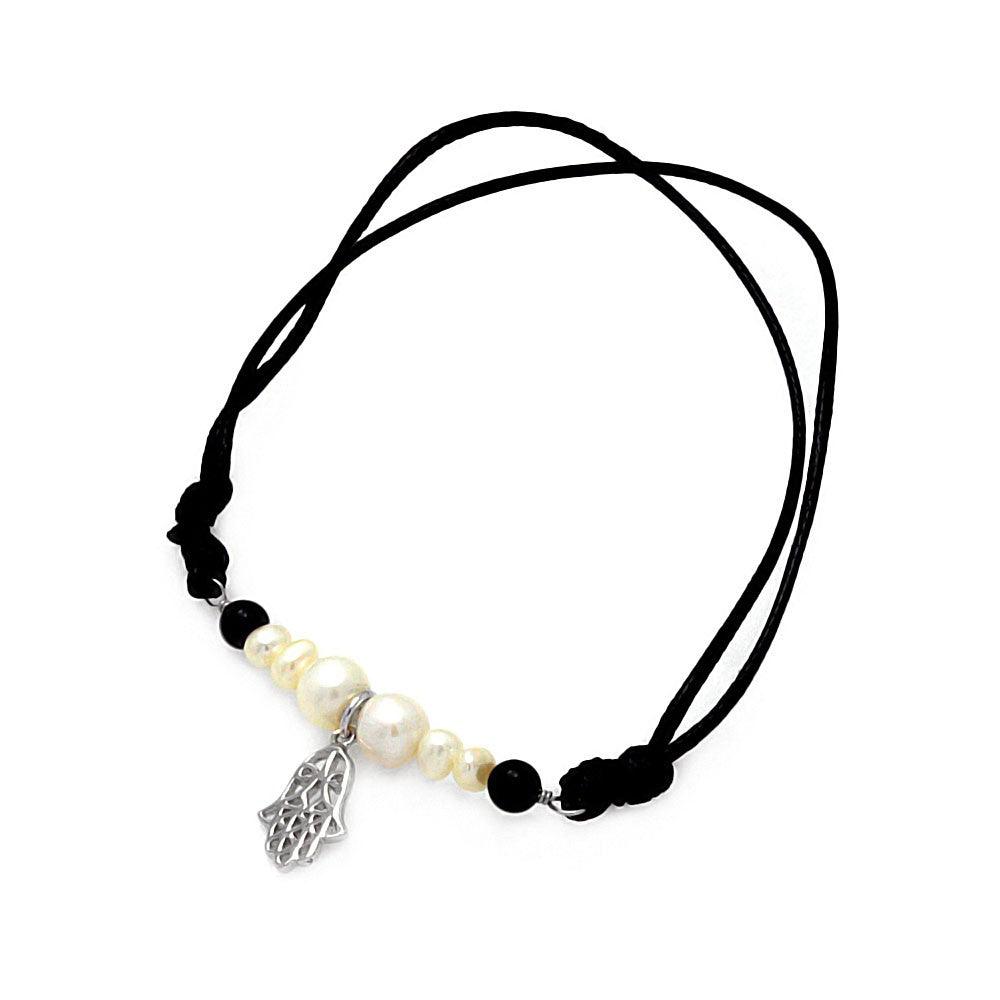 Silver 925 Rhodium Plated Pearl Black Bead Hamsa Black Cord Bracelet - STB00492 | Silver Palace Inc.