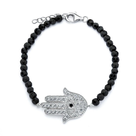 Silver 925 Rhodium Plated Hamsa Evil Eye CZ Black Bead Bracelet - BGB00172 | Silver Palace Inc.