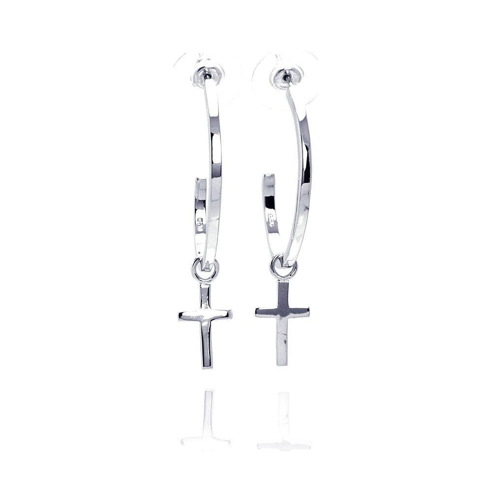 Silver 925 Rhodium Plated Cross Clear CZ Hoop Earring - BGE00031 | Silver Palace Inc.