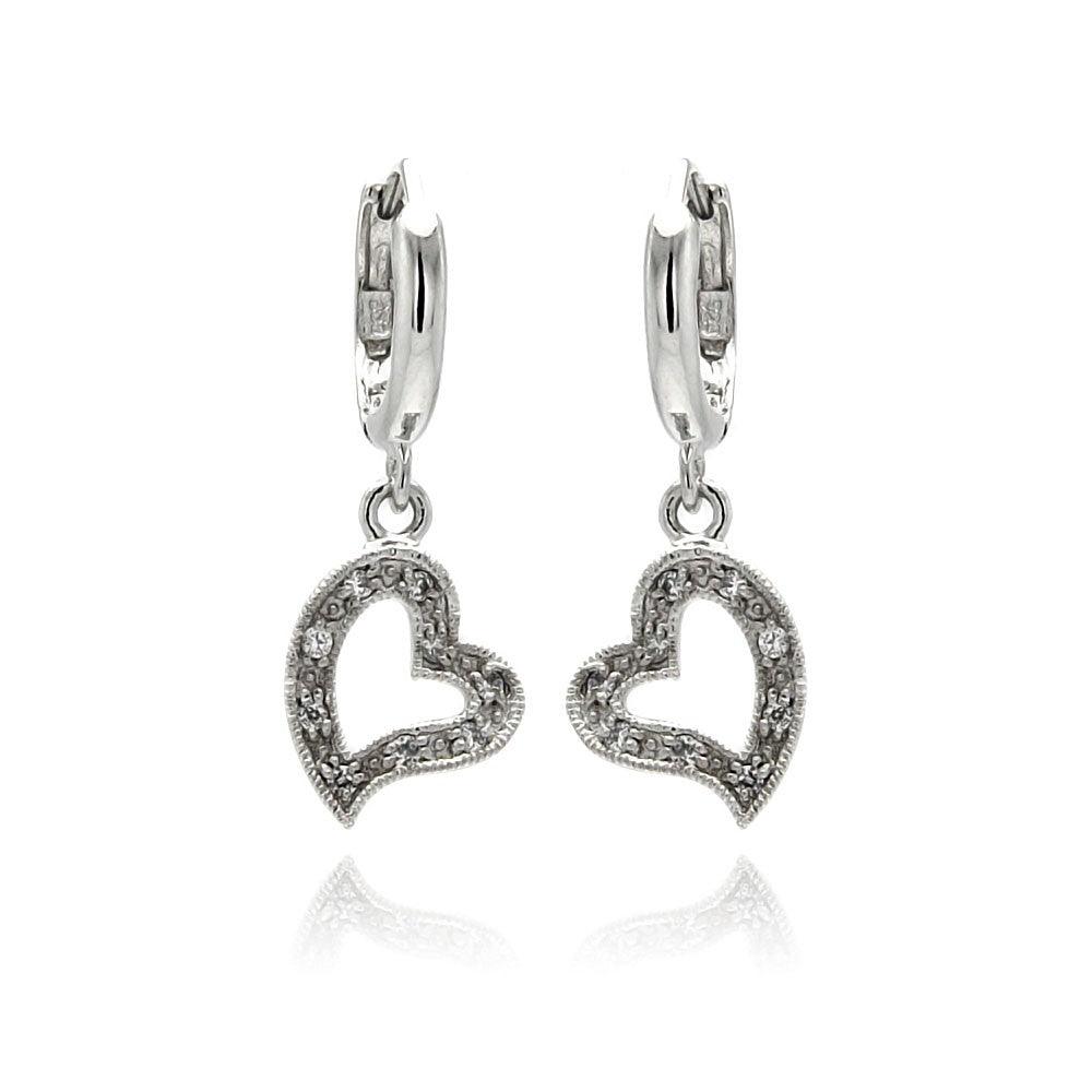Silver 925 Rhodium Plated Open Heart Clear CZ Dangling huggie hoop Earrings - BGE00064 | Silver Palace Inc.