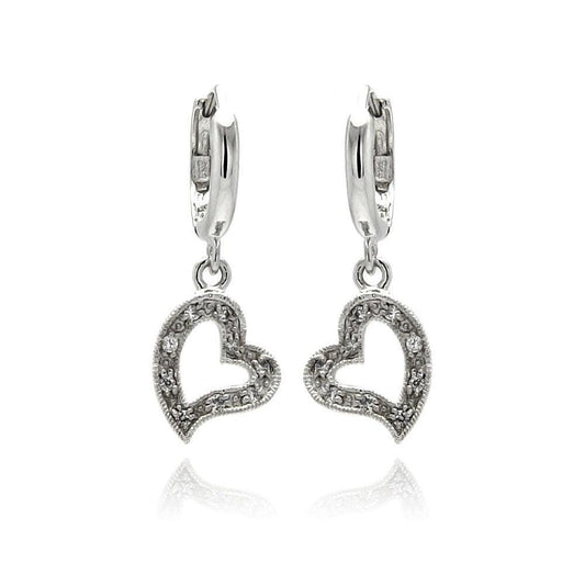 Silver 925 Rhodium Plated Open Heart Clear CZ Dangling huggie hoop Earrings - BGE00064 | Silver Palace Inc.