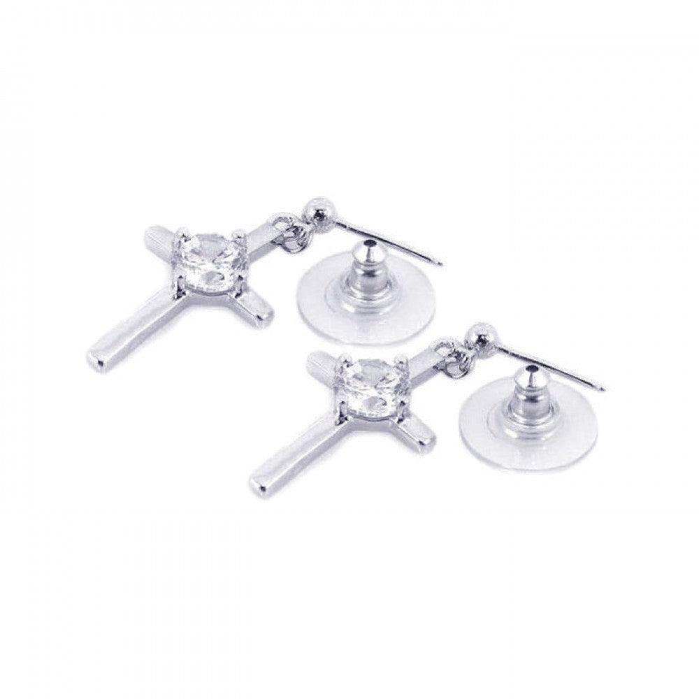 Silver 925 Rhodium Plated Cross Clear CZ Dangling Stud Earrings - BGE00079 | Silver Palace Inc.