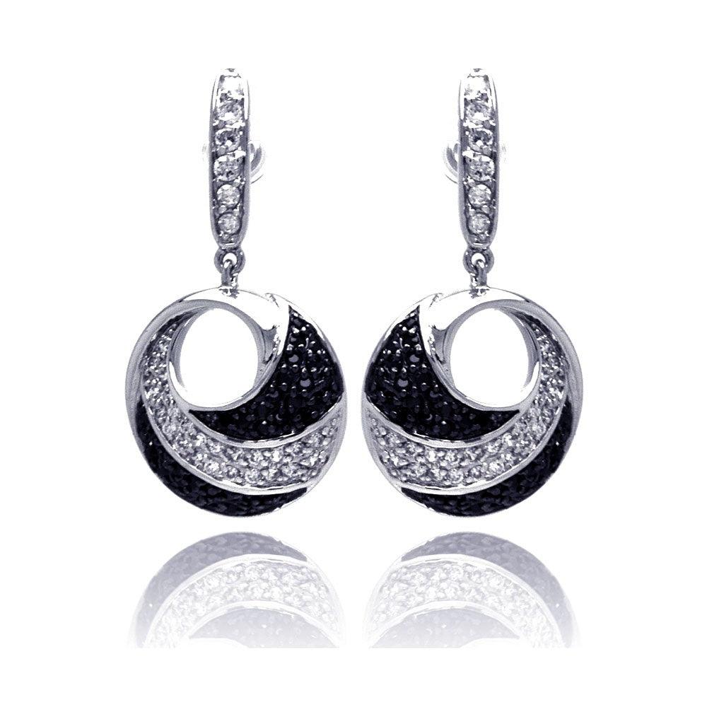 Closeout-Silver 925 Black and Silver Rhodium Plated Open Circle Black and Clear CZ Earrings - BGE00128 | Silver Palace Inc.