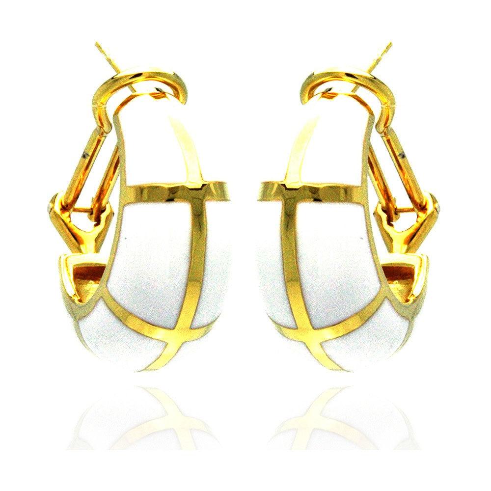 Closeout-Silver 925 Gold Plated White Enamel Lever Back Earrings - BGE00129 | Silver Palace Inc.