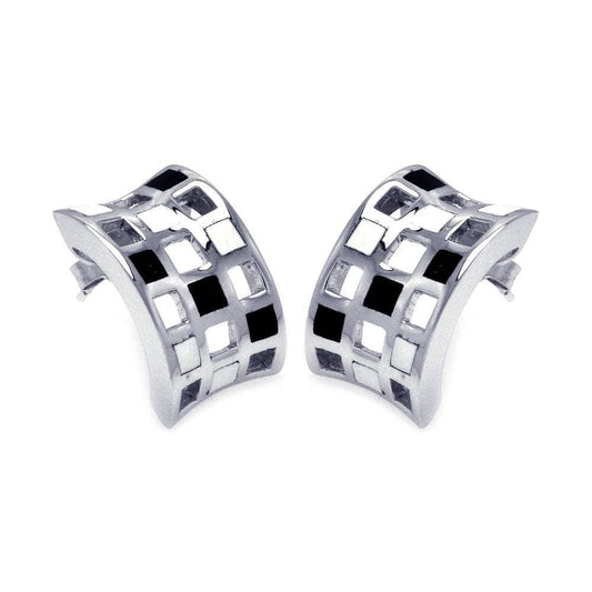 Closeout-Silver 925 Rhodium Plated Half Circle Black and Clear CZ Stud Earrings - BGE00130 | Silver Palace Inc.