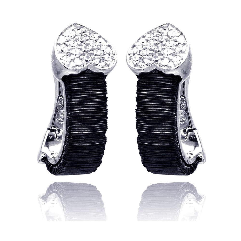 Closeout-925 Rhodium Plated Heart CZ Inlay Black Onyx Lever Back Earrings - BGE00133 | Silver Palace Inc.