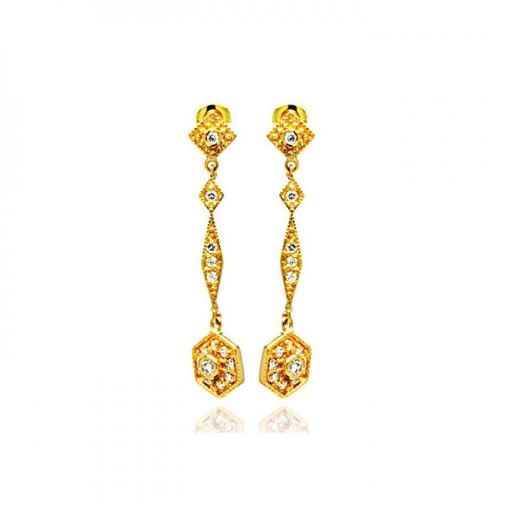 Silver 925 Gold Rhodium Plated Marquis CZ Dangling Stud Earrings - BGE00188 | Silver Palace Inc.