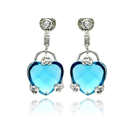 Silver 925 Rhodium Plated Blue Heart CZ Dangling Earrings - BGE00191 | Silver Palace Inc.