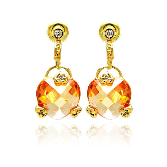 Silver 925 Gold Rhodium Plated Heart Champagne CZ Dangling Stud Earrings - BGE00192 | Silver Palace Inc.