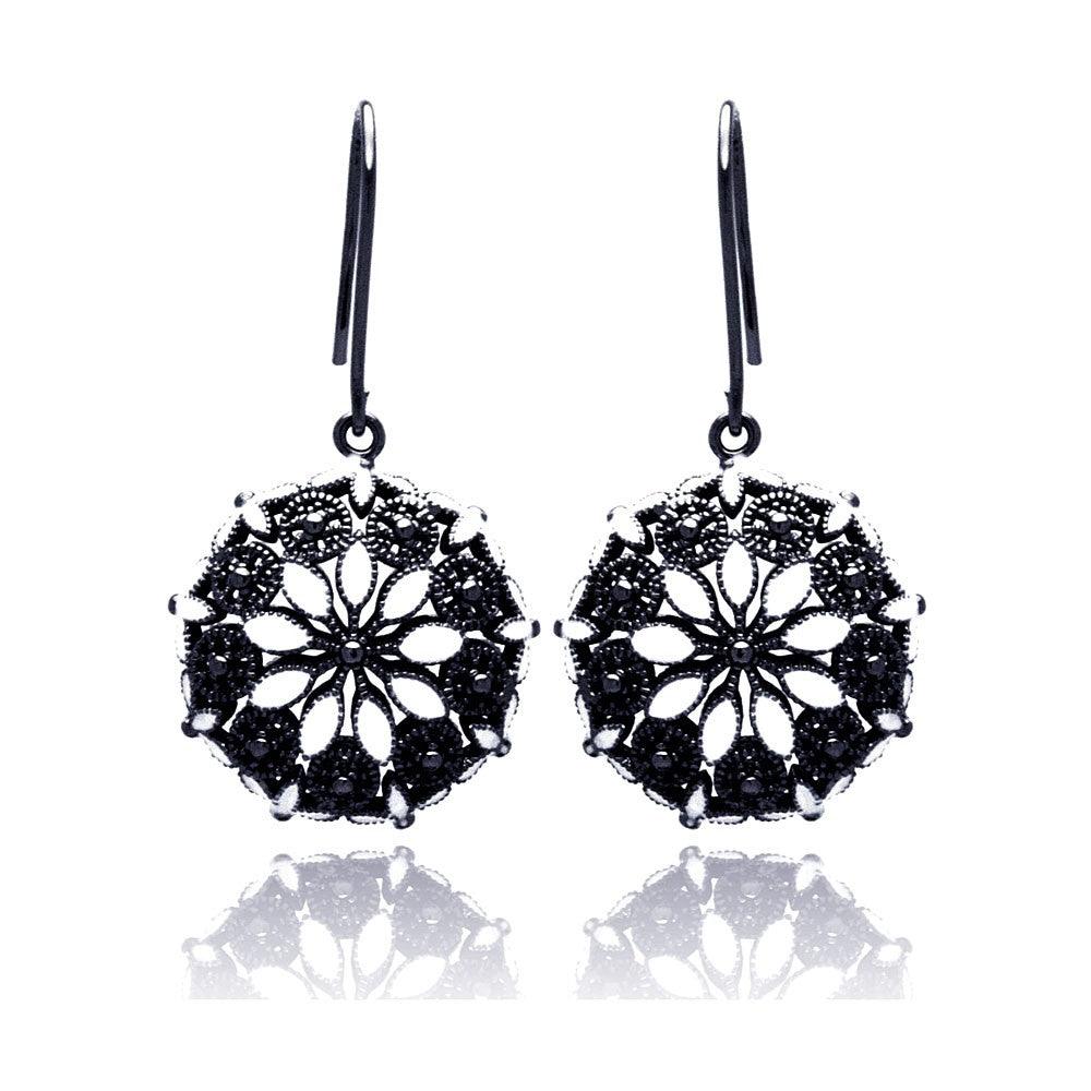 Closeout-Silver 925 Black Rhodium Plated Round Marquis Clear CZ Dangling Hook Earrings - BGE00193 | Silver Palace Inc.