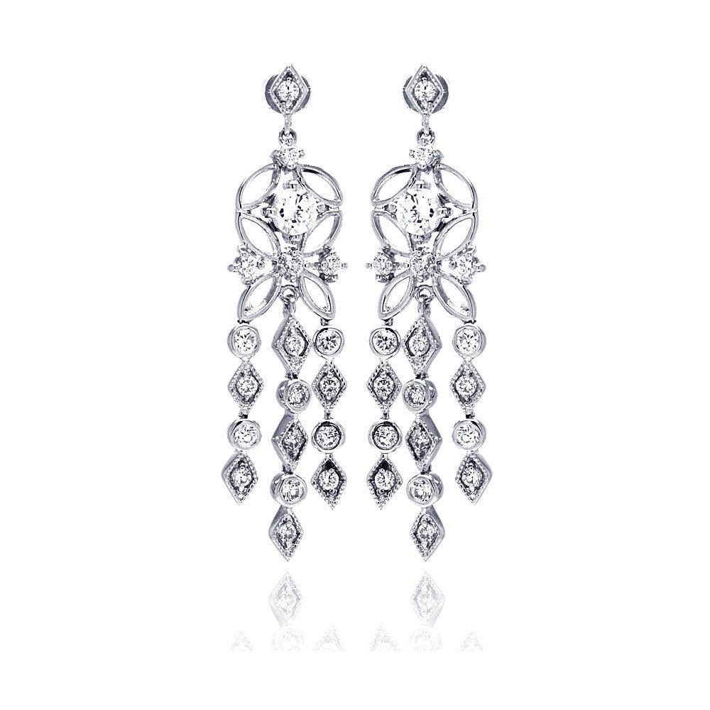 Silver 925 Rhodium Plated Star Round Marquis CZ Three Strand Dangling Stud Chandelier Earrings - BGE00194 | Silver Palace Inc.