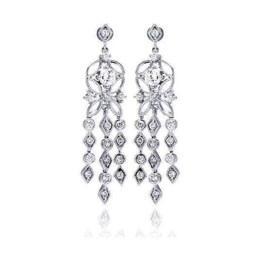 Silver 925 Rhodium Plated Star Round Marquis CZ Three Strand Dangling Stud Chandelier Earrings - BGE00194 | Silver Palace Inc.