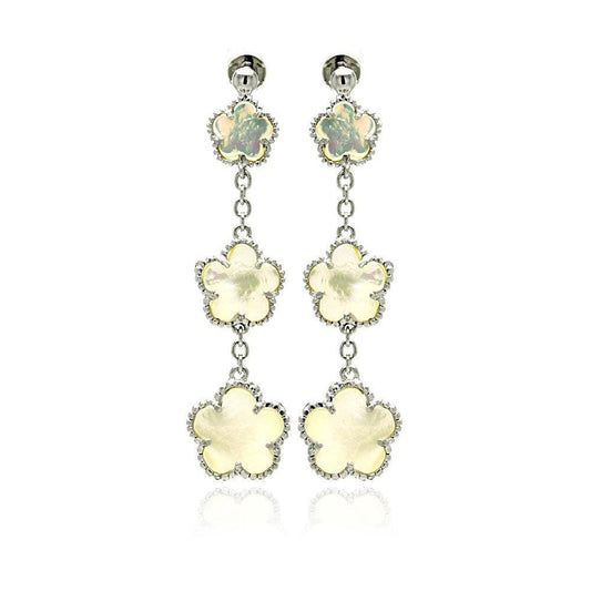 Silver 925 Rhodium Plated Graduated Pearl Flower CZ Wire Dangling Stud Earrings - BGE00196 | Silver Palace Inc.
