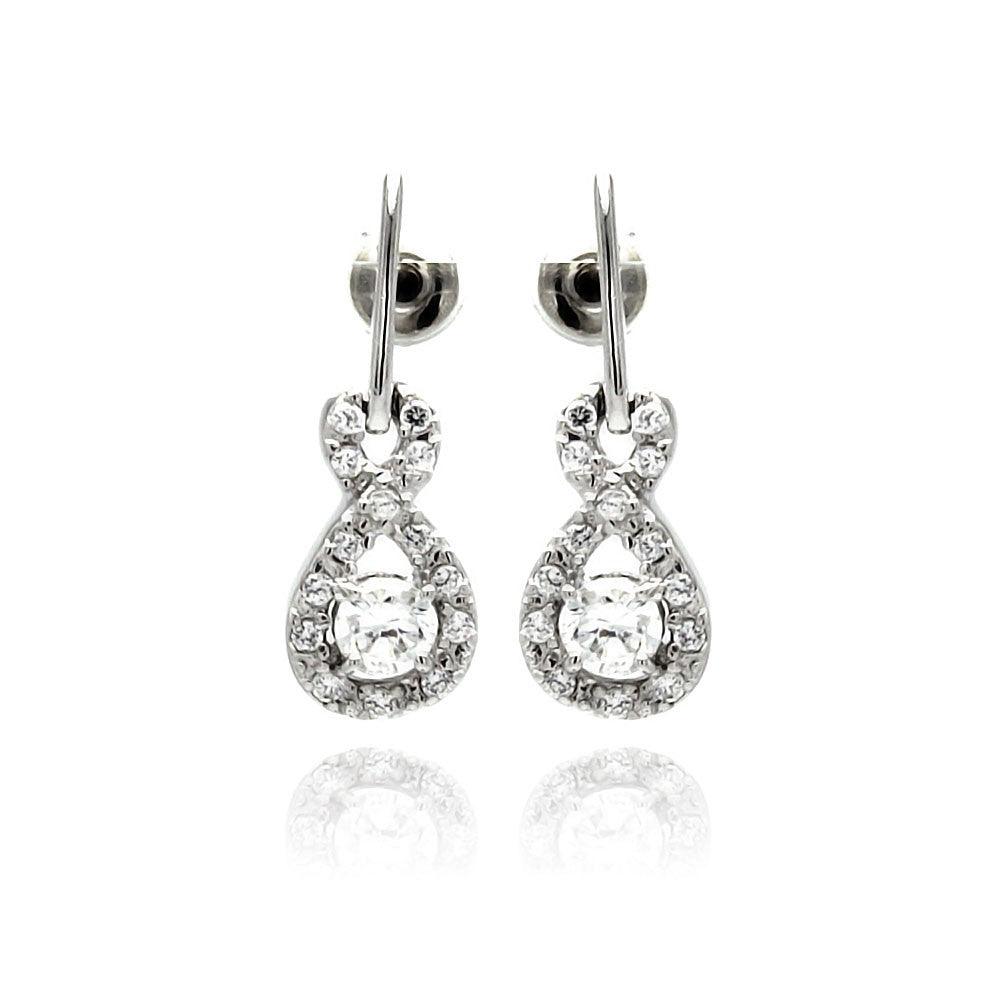 Silver 925 Rhodium Plated Ribbon CZ Dangling Stud Earrings - BGE00222