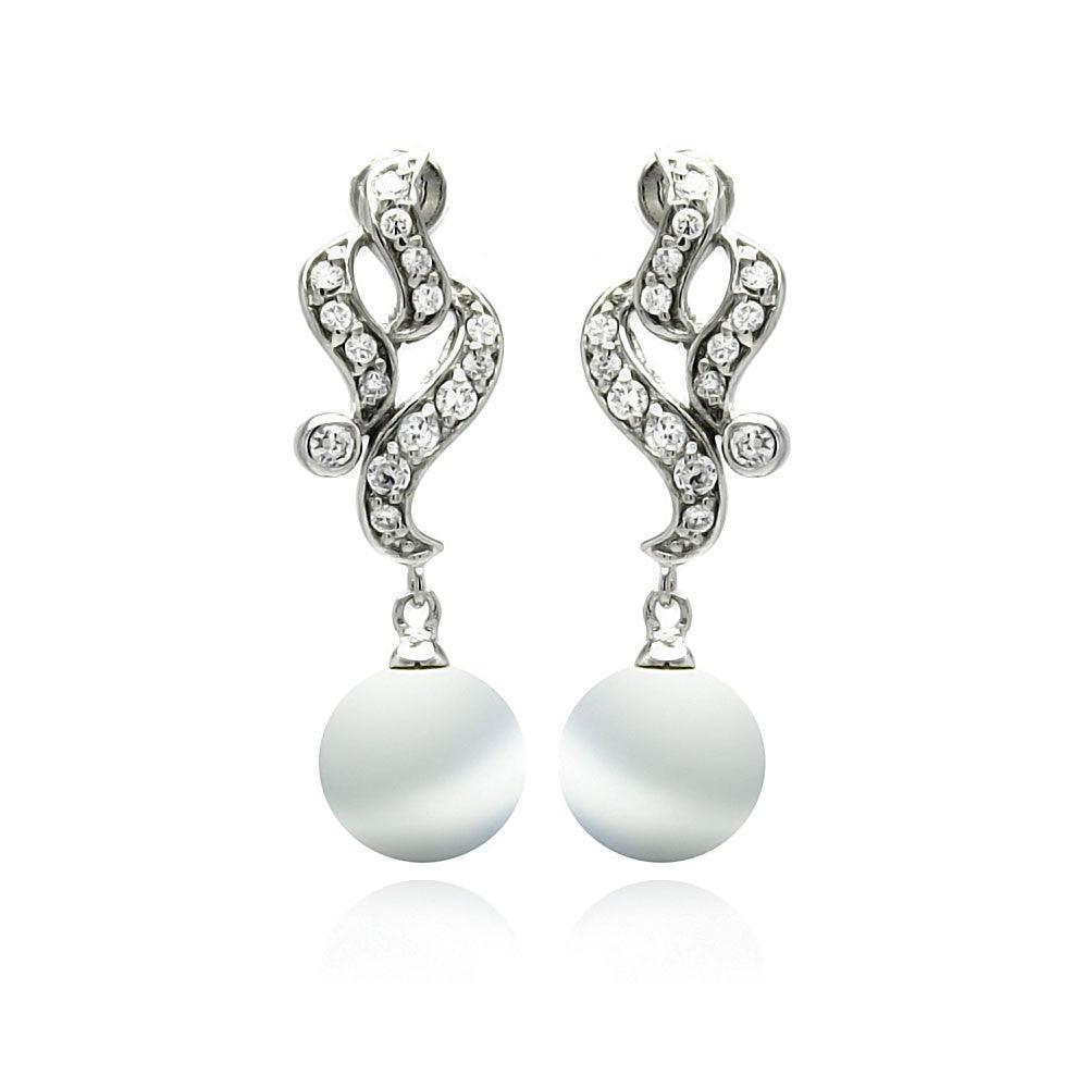 Silver 925 Rhodium Plated Filigree CZ Dangling Synthetic Pearl Earrings - BGE00224 | Silver Palace Inc.