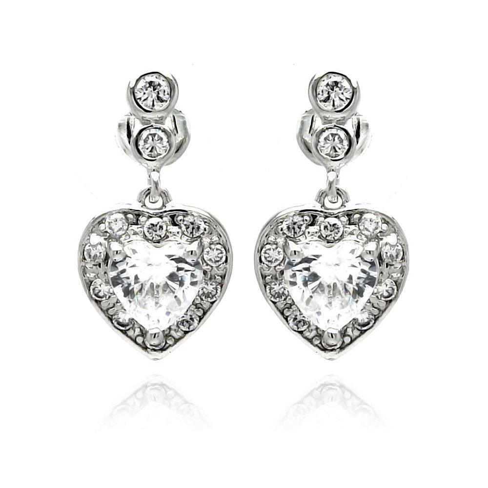 Silver 925 Rhodium Plated Heart CZ Dangling Earrings - BGE00233 | Silver Palace Inc.