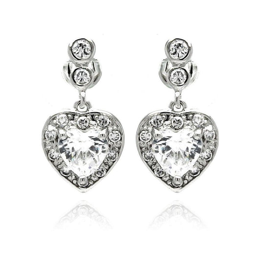 Silver 925 Rhodium Plated Heart CZ Dangling Earrings - BGE00233 | Silver Palace Inc.