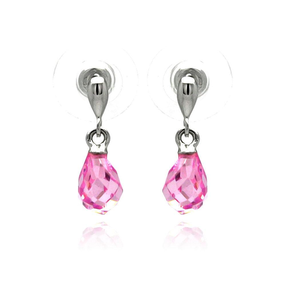 Silver 925 Rhodium Plated Pear Teardrop Pink CZ Dangling Stud Earrings - BGE00235 | Silver Palace Inc.