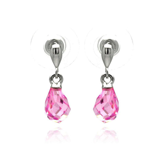 Silver 925 Rhodium Plated Pear Teardrop Pink CZ Dangling Stud Earrings - BGE00235 | Silver Palace Inc.