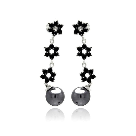 Silver 925 Rhodium Plated Flower Round CZ Black Synthetic Pearl Dangling Stud Earrings - BGE00238 | Silver Palace Inc.