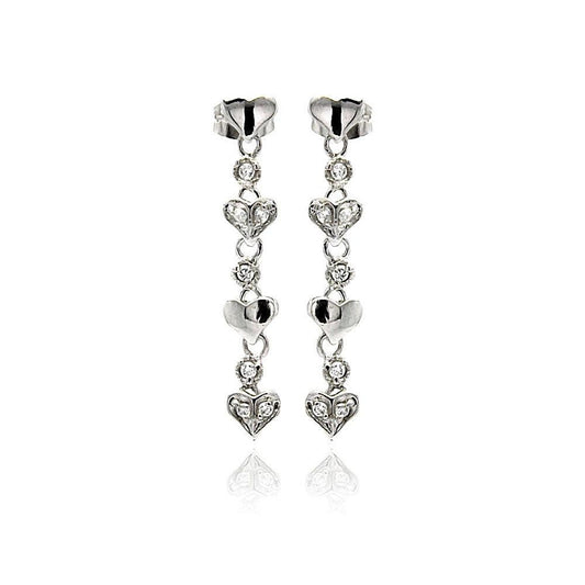 Silver 925 Rhodium Plated Multiple Heart Round CZ Dangling Stud Earrings - BGE00247 | Silver Palace Inc.
