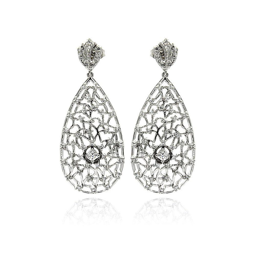 Silver 925 Rhodium Plated Teardrop CZ Dangling Stud Earrings - BGE00255 | Silver Palace Inc.