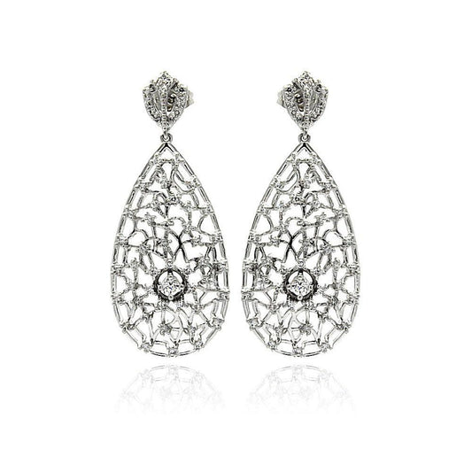 Silver 925 Rhodium Plated Teardrop CZ Dangling Stud Earrings - BGE00255 | Silver Palace Inc.