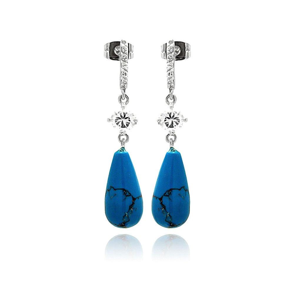 Silver 925 Rhodium Plated Micro Pave CZ Teardrop Turquoise Dangling Stud Earrings - BGE00258 | Silver Palace Inc.