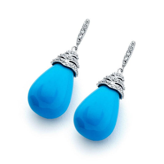 Silver 925 Rhodium Plated Pear Teardrop Turquoise CZ Dangling Stud Earrings - BGE00349 | Silver Palace Inc.