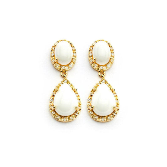 Silver 925 Gold Rhodium Plated Teardrop Pear CZ Stone Dangling Stud Earrings - BGE00350 | Silver Palace Inc.