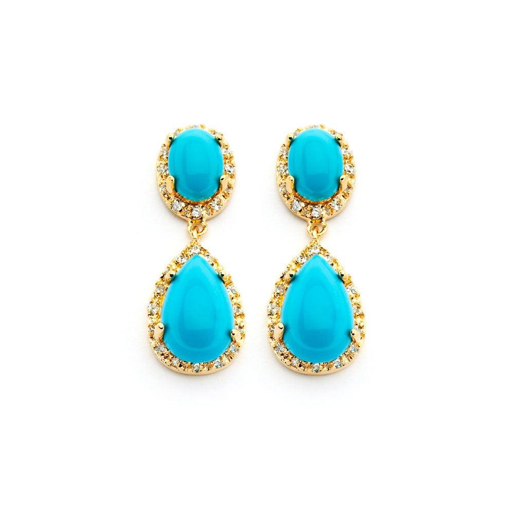 Silver 925 Gold Rhodium Plated Round CZ Turquoise Teardrop Round Dangling Earrings - BGE00351 | Silver Palace Inc.