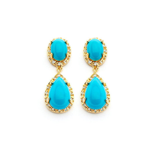 Silver 925 Gold Rhodium Plated Round CZ Turquoise Teardrop Round Dangling Earrings - BGE00351 | Silver Palace Inc.