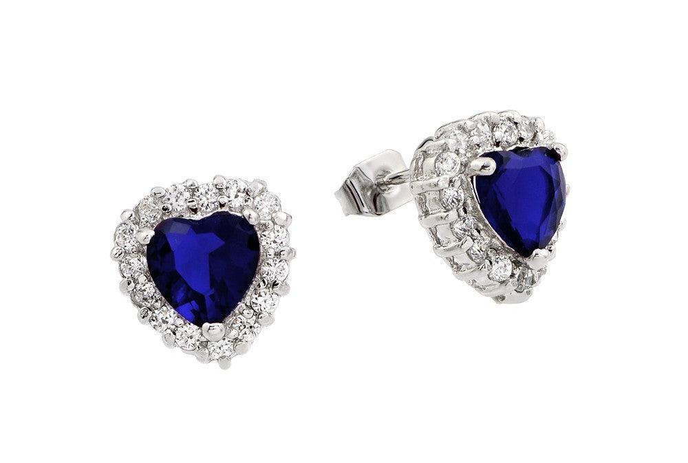 Silver 925 Rhodium Plated Blue and Clear Heart CZ Stud Earrings - BGE00367B | Silver Palace Inc.