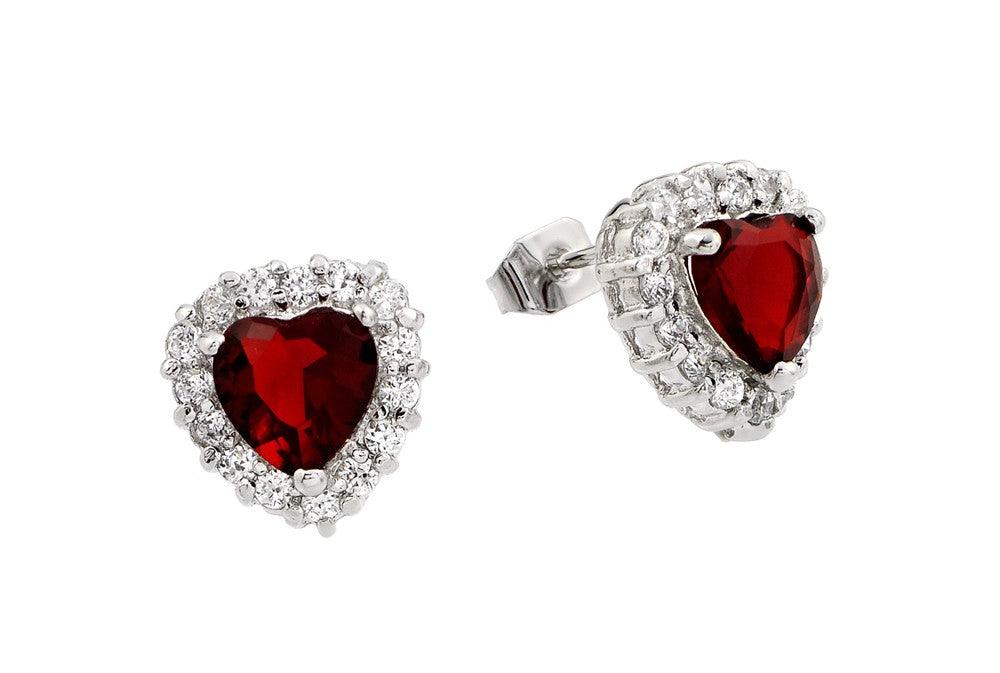 Silver 925 Rhodium Plated Red Heard CZ Stud Earrings - BGE00367R | Silver Palace Inc.