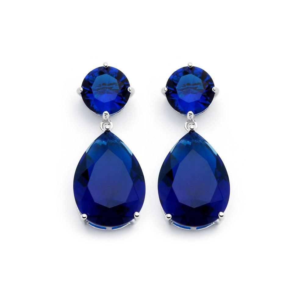 Silver 925 Rhodium Plated Round Teardrop Blue CZ Dangling Stud Earrings - BGE00858BLUE | Silver Palace Inc.