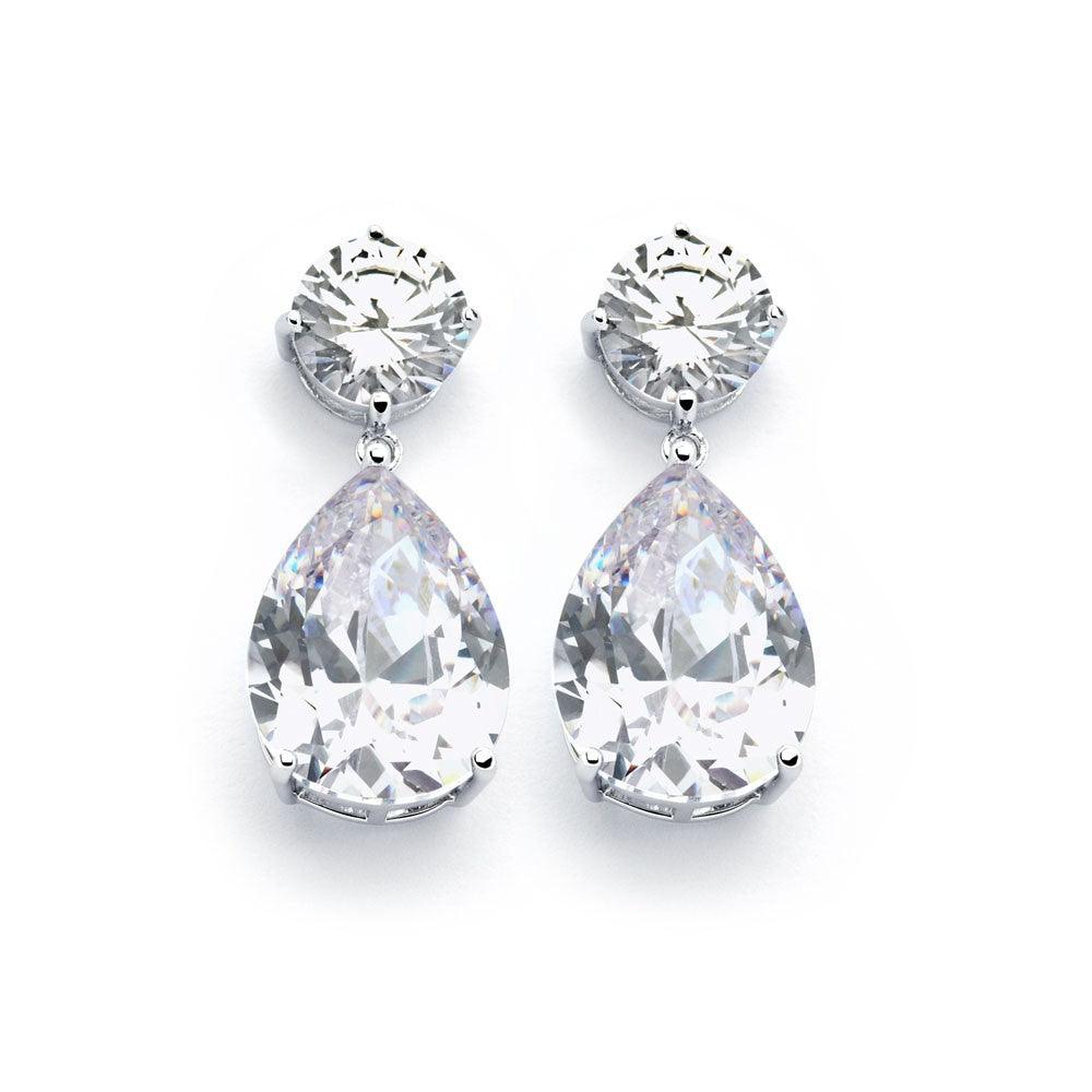 Silver 925 Rhodium Plated Round Teardrop Clear CZ Dangling Earrings - BGE00858CLR | Silver Palace Inc.