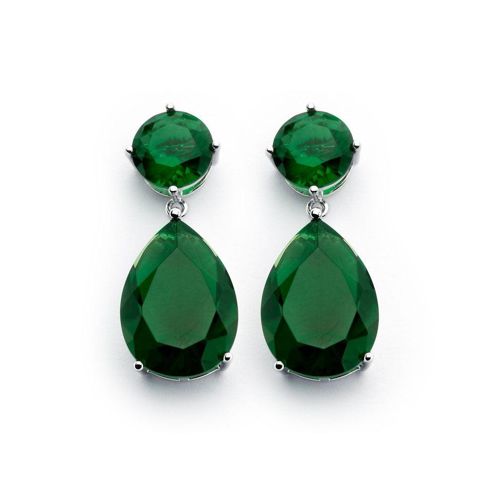 Silver 925 Rhodium Plated Round Teardrop Green CZ Dangling Earrings - BGE00858GRN | Silver Palace Inc.