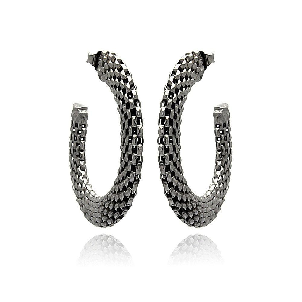 Closeout-Silver 925 Two Toned Rhodium Plated Crescent Box Link Italian Stud Earrings - ITE00019BLK | Silver Palace Inc.