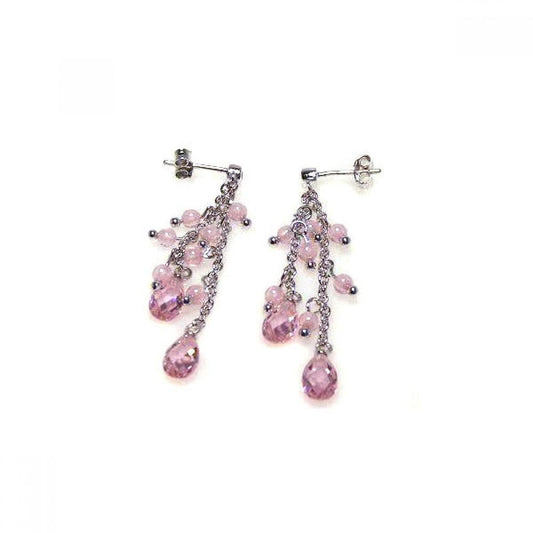 Closeout-Silver 925 Rhodium Plated Pink Oval CZ Wire Dangling Earrings - STE00066 | Silver Palace Inc.