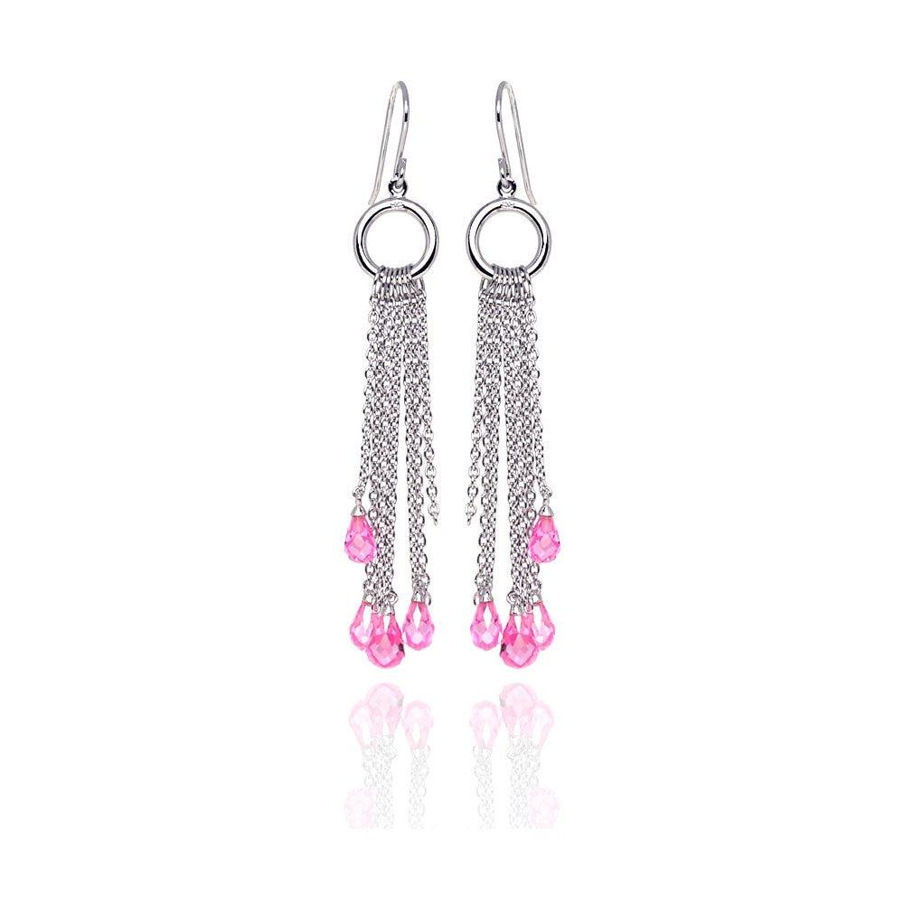 Closeout-Silver 925 Rhodium Plated Pink Tear Drop CZ Multi Wire Dangling Hook Earrings - STE00072 | Silver Palace Inc.