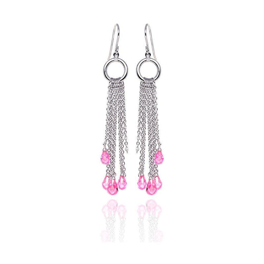 Closeout-Silver 925 Rhodium Plated Pink Tear Drop CZ Multi Wire Dangling Hook Earrings - STE00072 | Silver Palace Inc.