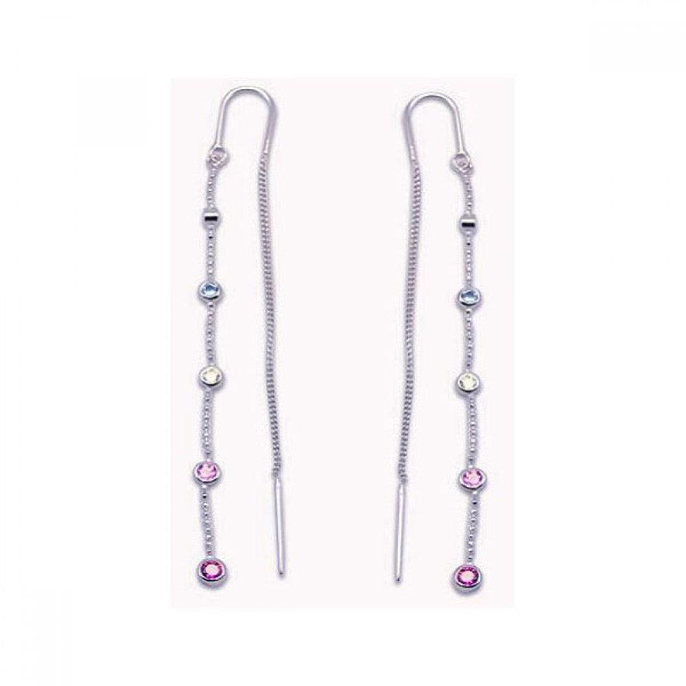 Silver 925 Rhodium Plated Multicolor CZ Single Strand Dangling Hook Earrings - STE00084 | Silver Palace Inc.