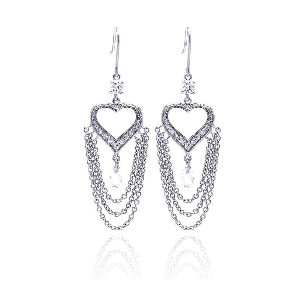 Closeout-Silver 925 Rhodium Plated Heart Shape Chandelier CZ Wire Dangling Hook Earrings - STE00096 | Silver Palace Inc.