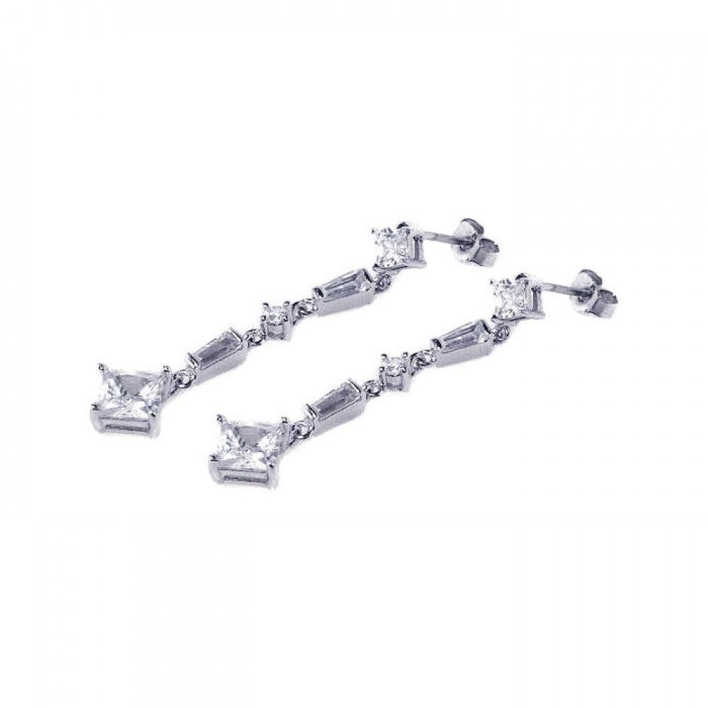 Silver 925 Rhodium Plated Baguette and Square CZ Dangling Earrings - STE00214 | Silver Palace Inc.