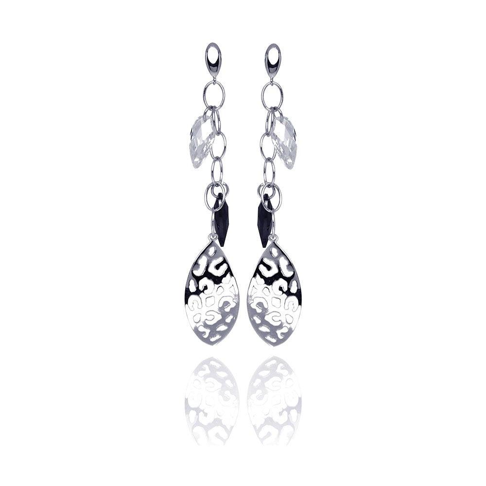 Closeout-Silver 925 Rhodium Plated Black and Clear Marquise CZ Flat Filigree Wire Dangling Stud Earrings - STE00290 | Silver Palace Inc.