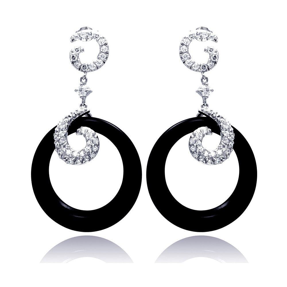 Closeout-Silver 925 Rhodium Plated Coil J hook CZ Black Round Onyx Dangling Stud Earrings - STE00530 | Silver Palace Inc.